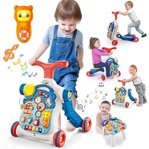 5 in 1 Baby Walker Sit-to-Stand Toys, Learning Walker for Boys Girls Toddler, Multifunctional Educational Activity Center Removable Play Panel, Push Walker Toys Gifts for Infant 6-18 Months