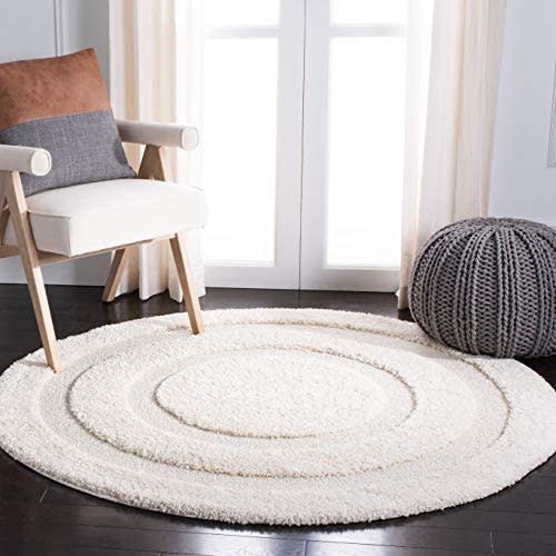 SAFAVIEH Florida Shag Collection Area Rug - 5' Round, Creme & Creme, Border Design, Non-Shedding & Easy Care, 1.2-inch Thick Ideal for High Traffic Areas in Living Room, Bedroom (SG454-1111)