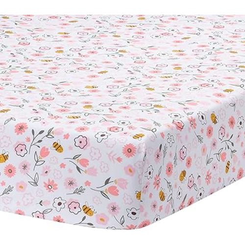 Lambs & Ivy Little Garden 100% Cotton Pink Floral Fitted Crib/Toddler Sheet
