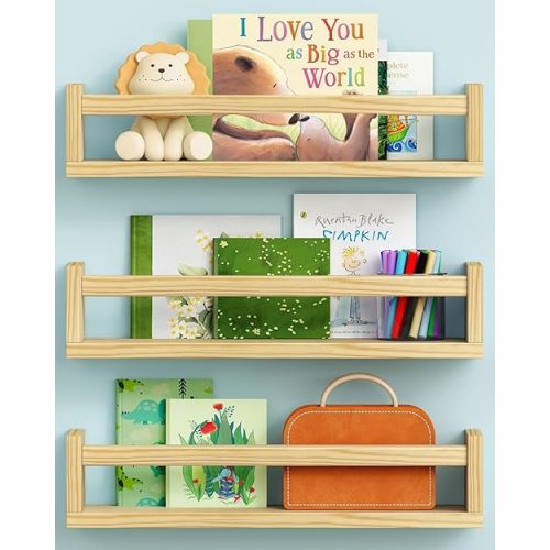 Floating Nursery Book Shelves for Wall, Natural Wood Wall Bookshelf for Kids Room Bedroom, Small Wooden Hanging Baby Book Shelf and Toy Organizer for Nursery Girl Boy Toddler Child - Set of 3