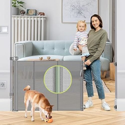Reinforced 55" Wide Retractable Dog Gate with Support Rods, 33" Tall Retractable Baby Gate for Dogs, No Sag and Wrinkle Mesh Child Gates for Doorways, Indoor Pet Barrier Stair Gates for Kids, Gray