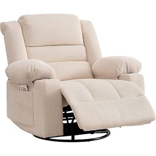 360° Swivel Recliner Chair for Adults, Ergonomic Lounge Rocking Recliner with Cup Holders & Side Pocket, Manual Rocking Chair for Living Room, Bedroom, Nursery, Beige