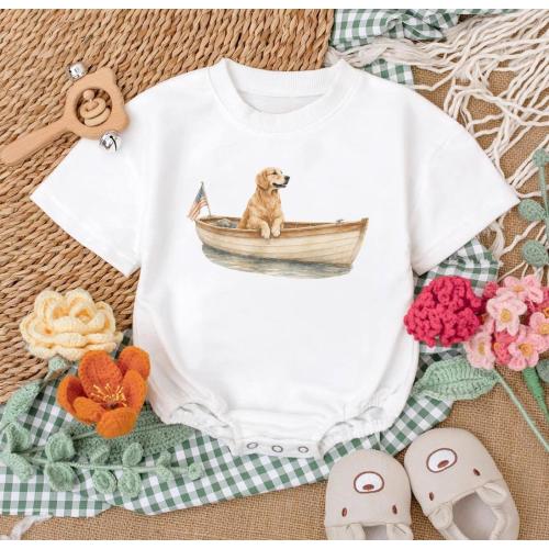 Patriotic Golden Retriever Baby Romper, Watercolor Dog on Boat Bodysuit, Nautical Summer Toddler Shirt, Cute Earth Tone Baby Boy Girl Gift