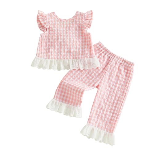 GOOCHEER Toddler Girl Clothes Baby Summer Outfit Plaid Ruffle Sleeveless Vest Tank Tops Pants Set 12 18 24 Month 2T 3T 4T