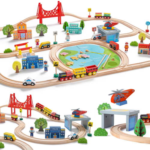 Tiny Land 110-Piece Wooden Train Set with Track for Ages 3-7