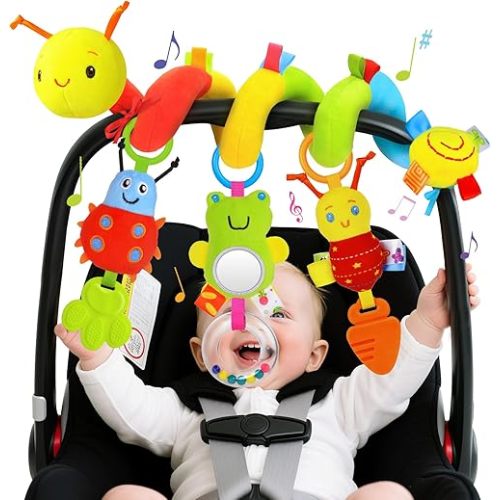 Spiral Car Seat Toys for Infants, 0-6 Months Carseat & Stroller Pram Separable Activity Hanging Toys with Rattle, Teethers, Newborn Soft Plush Travel Toy for Boys Girls Essentials Gifts