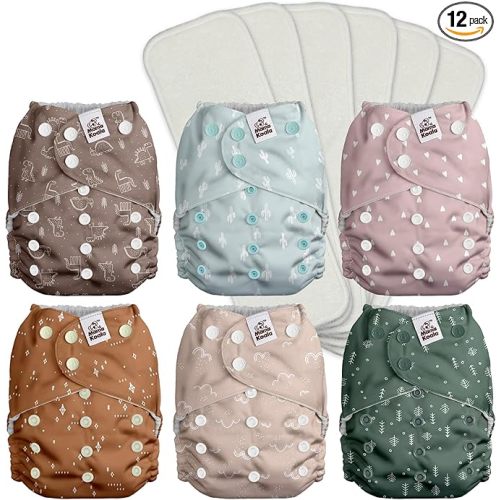 Mama Koala 3.0 Pocket Cloth Diapers for Babies with Suede Cloth Lining, 6 Pack with 6 4-Layer Natural Diaper Inserts - Reusable and Washable Pocket Diapers (Simply Neutral)