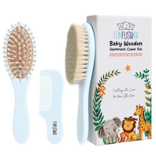Baby Hair Brush Set for Newborns - Baby Brush and Comb Set - Ultra Soft Goat Hair Bristles, Perfect for Cradle Cap, Newborn Showers & Registries Gift, Comb Brush for Girls & Boys (Sky)