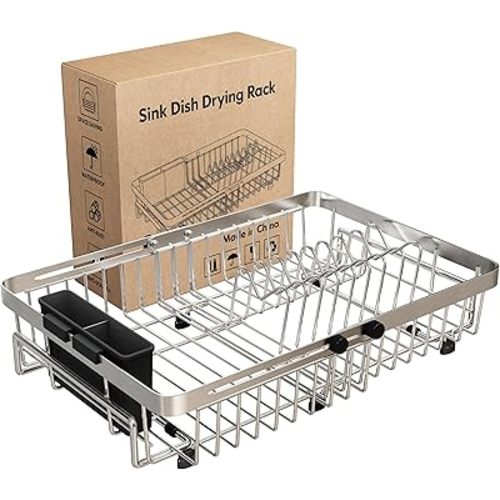MAJALiS Small Expandable Over The Sink Dish Drying Rack Drainer In Stainless Steel Metal For Kitchen, Counter Space Saving Compact Plate Dryer Strainer Adjustable Hanging Inside Sink Wire Drain Holder
