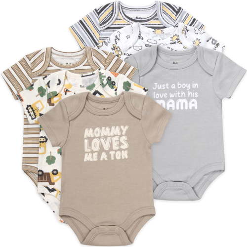 Baby Essentials Baby Boy 6 Pack Short Sleeve Bodysuit Romper, Baby Outfit Set (6 months,Mommy Loves Me a Ton Grey Neutral)
