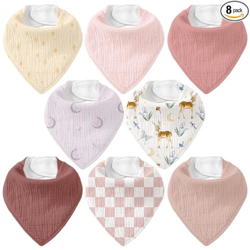 8-Pack Muslin Baby Bandana Bibs | Super Absorbent Cotton Drool Bibs, Nickel-Free Snaps, Teething & Registry Gift for Newborn Boys Girls 0-36 Months Burgundy Deer
