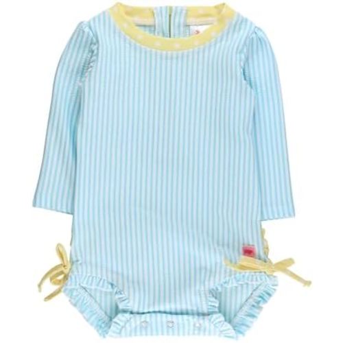 RuffleButts Baby-Girls Seersucker Long Sleeve Rash Guard - One Piece Swimsuit UPF 50+ Toddler