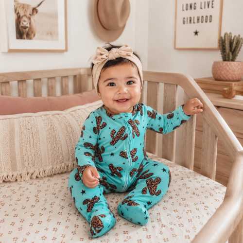Baby Girl Turquoise & Cactus Footed Sleeper, Leopard Cactus Western Zippered Bodysuit