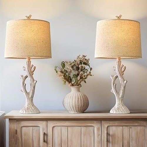 OYEARS Farmhouse Table Lamps Set of 2 for Living Room Bedroom Bedside Tree Lamp Nightstand End Table 25" Lamps Vintage Natural Style