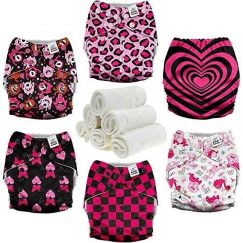 Mama Koala 3.0 Cloth Diapers for Babies with AWJ Lining, 6 Pack with 6 Natural Cloth Diaper Inserts - Reusable and Washable Pocket Diapers (Pink Love)