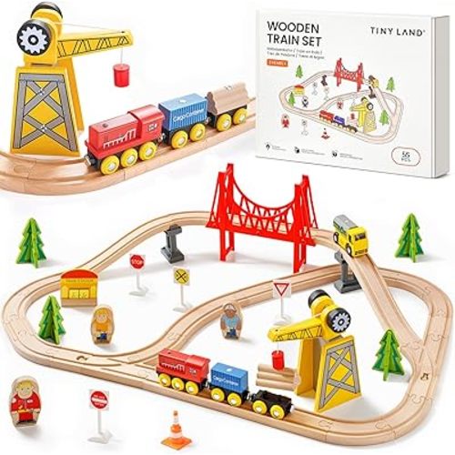 Tiny Land 55PCS Wooden Train Set - Compatible with Major Brand Tracks, Educational Toy for Toddlers & Kids Ages 3-7, Durable Wooden Railway Tracks