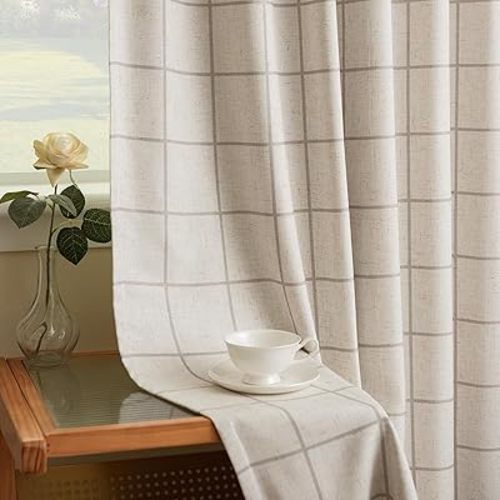 Linen Gingham Blackout Curtains for Living Room,Bedroom,Dining Room 84 Inches Long Plaid Double Layer 2 Panels Set Luxury and Modern Printed Design Darkening Pinch Pleated
