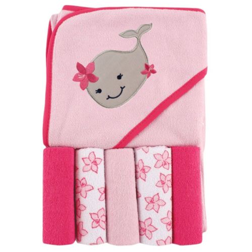 Luvable Friends Baby Girls Hooded Towel with Five Washcloths, Girlsy Whale, One Size