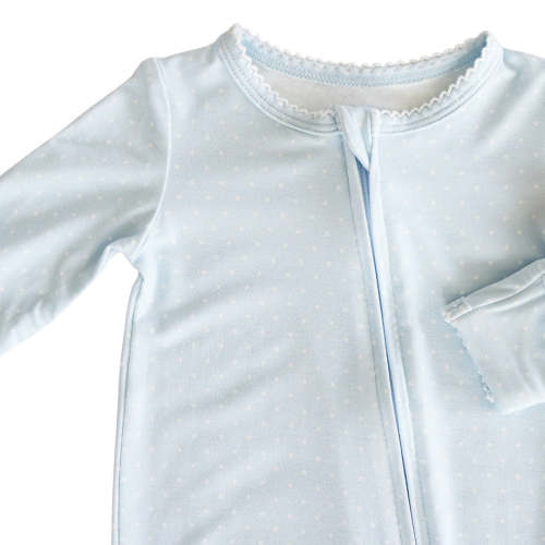 Picot Trim Bamboo Zipper Footie | Baby Blue