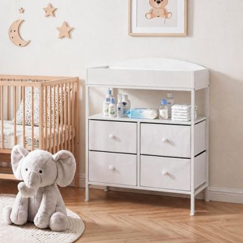 Four Drawer Nursery Changing Station Reinforced Iron Frame Waterproof Particle Board Top Anti Tip Adjustable Feet Baby Storage Dresser