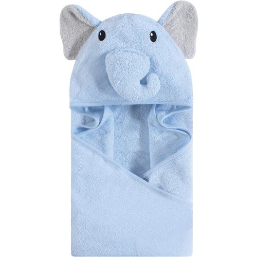 Hudson Baby Unisex Baby Cotton Animal Face Hooded Towel, Light Blue Elephant, One Size