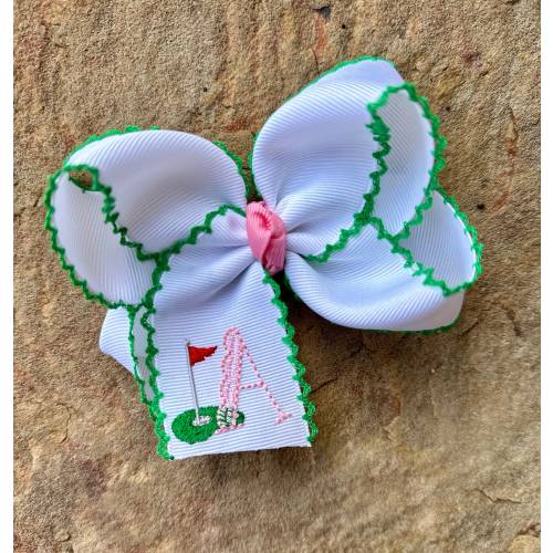 Personalized Medium or Large Moonstitch Golf Tournament Hair Bow, Monogram Initial Scalloped Flag Green Hole Bows, Moon Stitch Hairbow