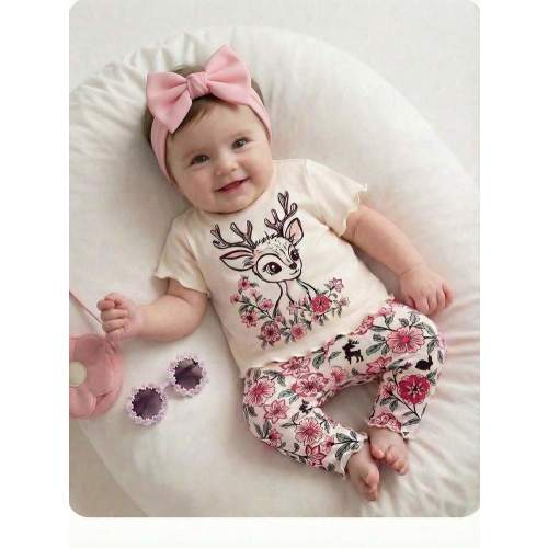 Newborn Baby Girl Cute Cartoon & Floral Print Short Sleeve T-Shirt And Elastic Waist Pants Set, Summer Bow Newborn Outfit Baby Girl Animal Outfit Woodland Baby Clothes | SHEIN USA