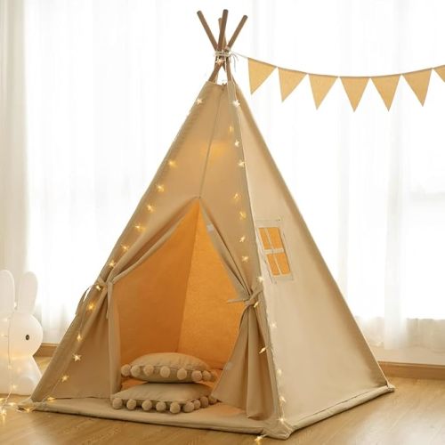 Teepee Tent for Kids-Portable Children Play Tent Indoor Outdoor (Apricot with Mat)