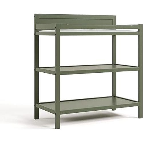 Storkcraft Alpine Changing Table (Olive) - Includes Water Resistant Changing Pad with Safety Strap, 2 Open Shelves for Storage