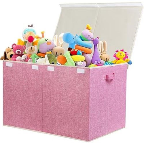 122L Large Toy Box Chest with Lid, Foldable Toy Storage Organizer Bin Boxes with Removable Divider for Kids, Boys, Girls, Nursery, Playroom, 26"x17" x17"(Linen Pink)