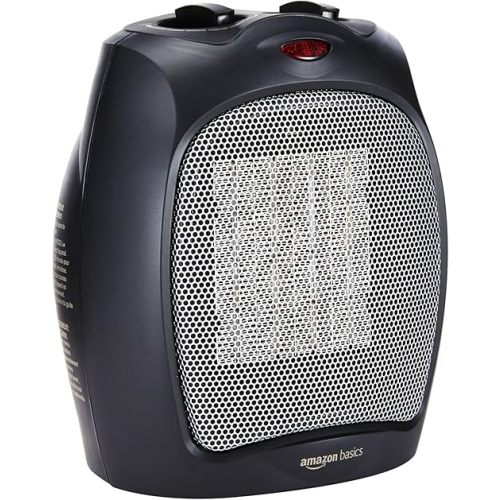 Amazon Basics Ceramic Space Heater, Portable Indoor Heating Solution, With Overheat and Tip-Over Protection, Thermostat, Non-Oscillating, 1500W, 7.52"D x 6.34"W x 9.45"H, Black