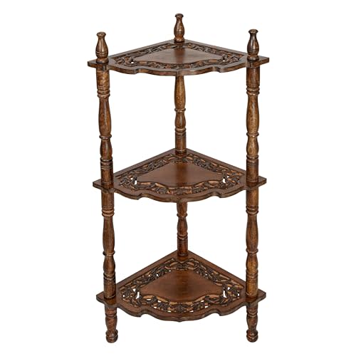 3-Tier Corner Shelf Stand, Burnt, 14.5x14.5x40 | Wood tube construction, no tools needed, 10 lb per shelf capacity, open-shelf design, bathroom or home office storage