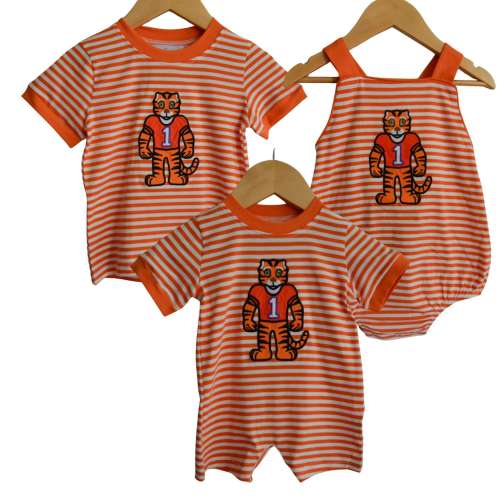 Clemson Football | Matching Sibling Outfits - Boy and Unisex designs | Orange & White Bubbles, and Shirt | Tiger Embroidery Applique