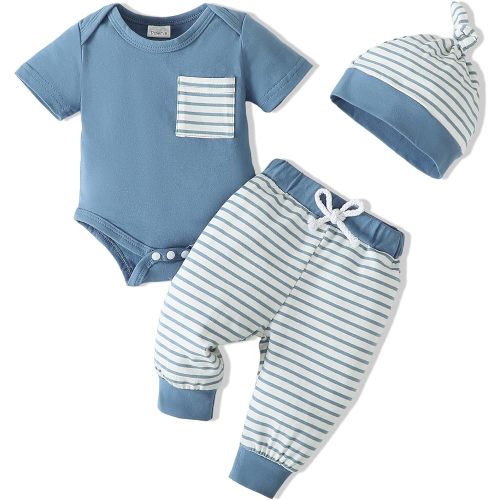 SUNNY PIGGY Baby Boy Clothes Newborn Boy Outfit Infant Romper Winter Fall Long Pants Set Hat 3PC