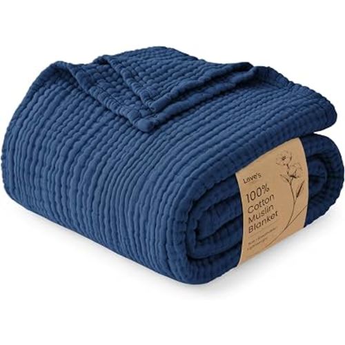 Love's cabin 100% Cotton Muslin Blanket, 6 Layer Lightweight Breathable Gauze Throw Blanket 50 x 60 Inches, Soft All Season Blanket for Couch, Bed, Sofa, Dark Blue