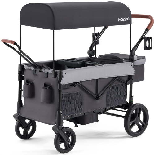 HARPPA Foldable Wagon Stroller for 2 Toddlers with Pull & Push Handle, Canopy, 32.9lbs, Gray