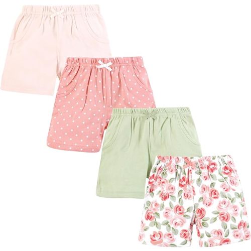 Hudson Baby Infant Girls Shorts Bottoms 4-Pack, Coral Floral, 0-3 Months