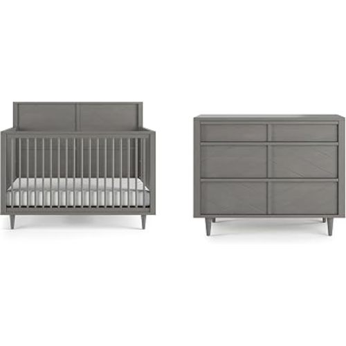 Child Craft Surrey Hill Design 4-in-1 Convertible Baby Crib Nursery Furniture Set, Baby Bed and 3 Drawer Dresser, for Babies, Toddlers and Kids Bedroom (2 Piece - Lunar Gray)