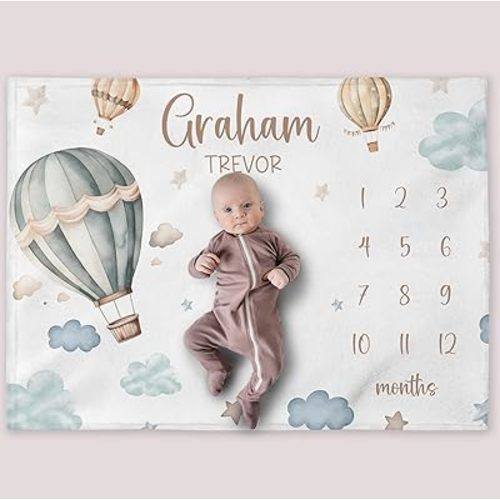 Air Balloon Baby Boy Milestones Blanket, Personalized Baby Boy Month Blankets, Clouds Nursery Custom Newborn Growth Tracker, Baby Growth Blanket, New Mom