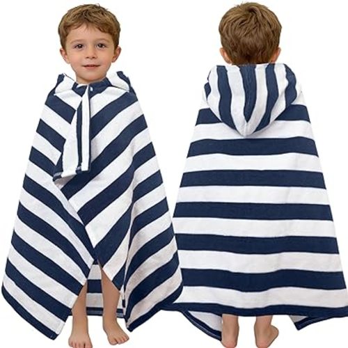 VOOVA & MOVAS Toddler Hooded Bath Towels 0-3T, 25''X40, Soft | Thick | 100% Cotton | Absorbent Towel Wrap for Baby, Perfect for Beach, Pool, Bath, Swimming,Navy Stripe