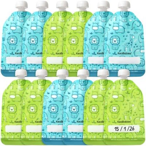 KeaBabies 12-Pack Prep Baby Food Pouch Reusable for Apple Sauce, Breastmilk, 5oz Puree Pouches for Toddlers, Kids, Baby First Food (Little Zoo)