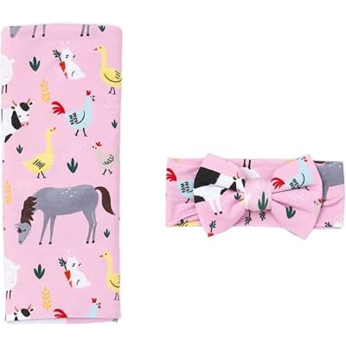 Little Sleepies Swaddle & Headband Set, Luxe Pink Farm Animals