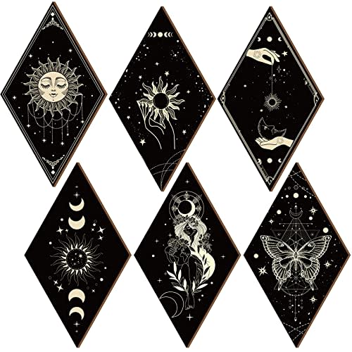 Sintuff 6 Pieces Gothic Wall Decor Boho Sun Moon Phases Wall Art Gothic Minimalist Stars Sun Hanging Wooden Home Decor Farmhouse Pediments for Gallery Living Bedroom Room(Boho)