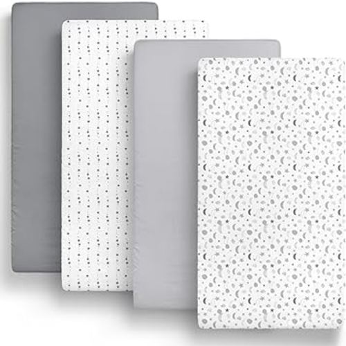The Peanutshell Fitted Crib Sheets Set, Unisex 4 Pack Celestial Print, Grey Moon & Stars
