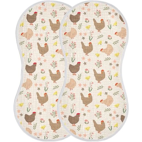 Cute Chicken Hen Muslin Burp Cloths for Baby Boys and Girls - 2-Pack Ultra Absorbent Muslin Washcloths, Newborn Towel, Milk Spit Up Rags, Burp Cloth Bibs for Unisex, 22 x 11 Inch