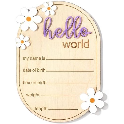 Newborn Announcement Sign, 5.9in Wooden Hello World Baby Welcome Sign Birth Plaques for Newborn Girls Boys Photo Props Baby Shower Hospital Nursery(Purple)