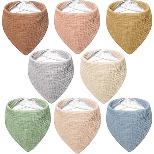 Bearmoss Muslin Baby Bibs 8 Pack Soft Bandana Bibs for Drooling & Teething, Absorbent Burp Cloths with Adjustable Snaps