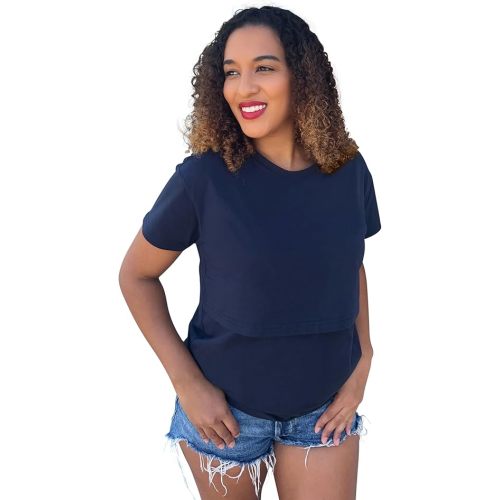 Women's Double Layered Pregnancy Breastfeeding Maternity Nursing Short Sleeve T-Shirt (Navy)