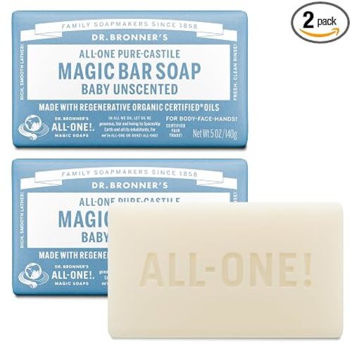 Dr. Bronner's - Pure-Castile Bar Soap (Baby Unscented, 5 ounce, 2-pack) - Made with Organic Oils, For Face, Body, Hair, Gentle for Sensitive Skin, Babies, No Added Fragrance, Biodegradable, Vegan