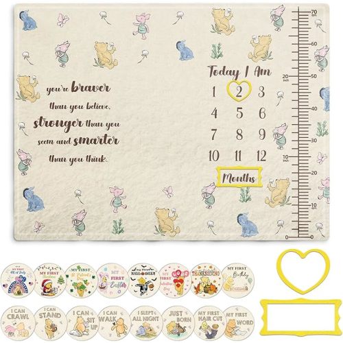 Classic Pooh Baby Monthly Milestone Blanket, Winnie Baby Blanket Growth Chart, Blanket with Photo Tools, with Double-Sided Printed Cardstock（16 Unforgettable Moments of Babies） 30 * 40in